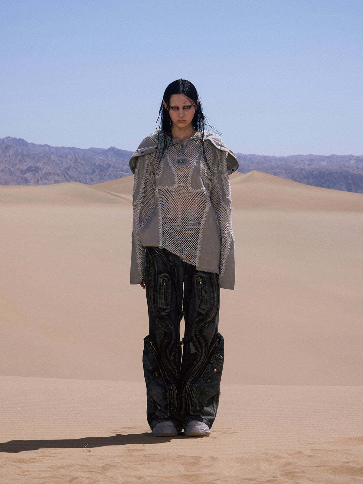 Personsoul Split Mesh Hooded Long Sleeves Top-IYAMIUIO