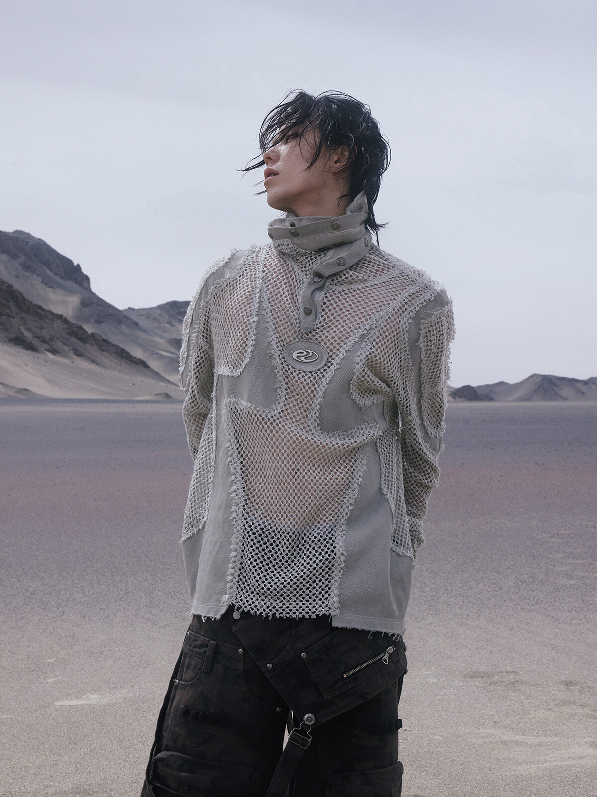 Personsoul Split Mesh Hooded Long Sleeves Top-IYAMIUIO