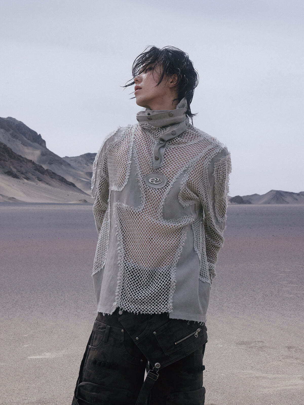 Personsoul Split Mesh Hooded Long Sleeves Top-IYAMIUIO