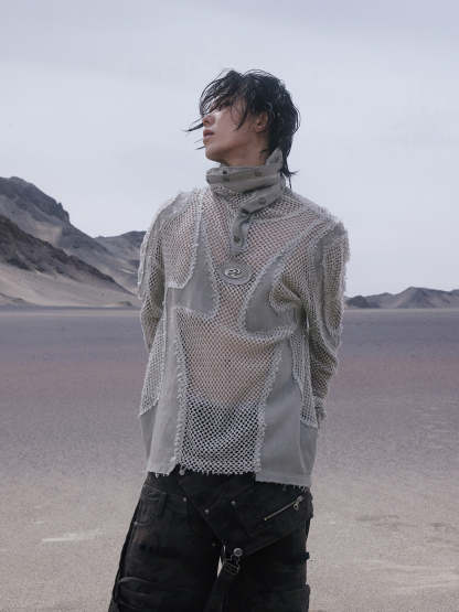 Personsoul Split Mesh Hooded Long Sleeves Top-IYAMIUIO