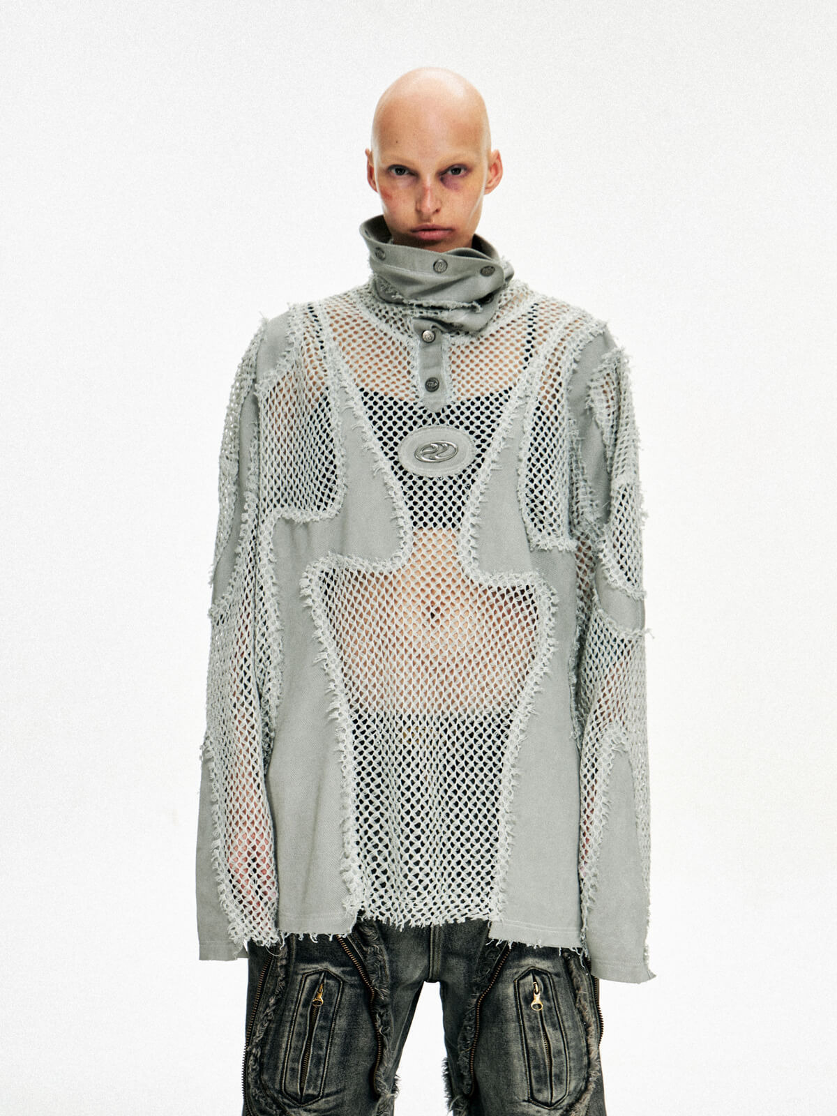 Personsoul Split Mesh Hooded Long Sleeves Top-IYAMIUIO