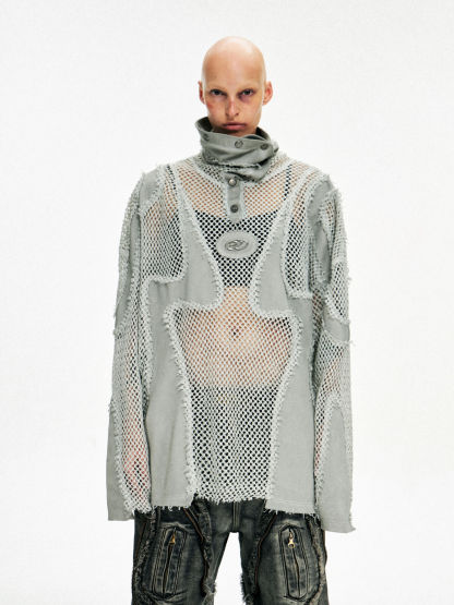 Personsoul Split Mesh Hooded Long Sleeves Top-IYAMIUIO