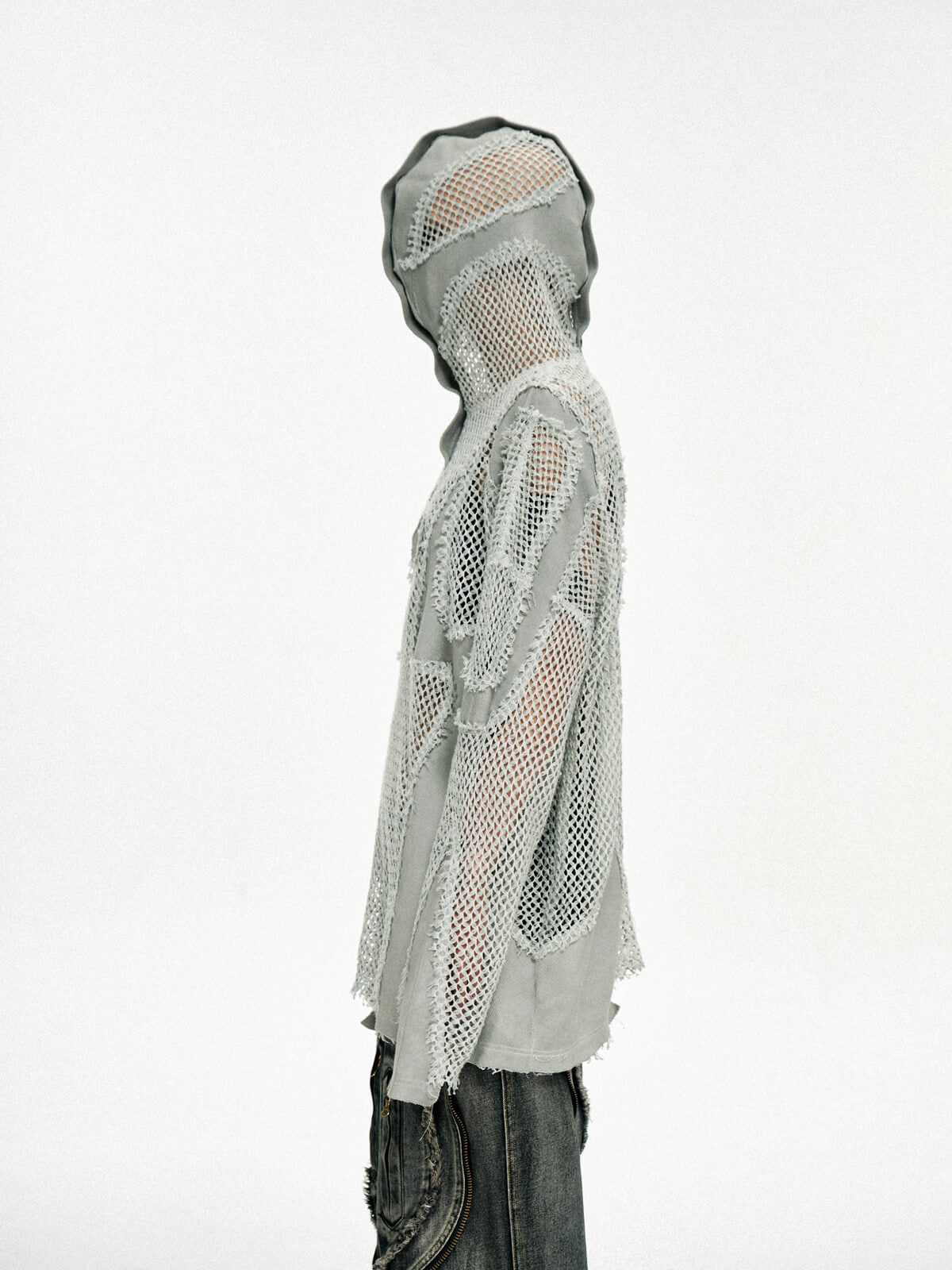 Personsoul Split Mesh Hooded Long Sleeves Top-IYAMIUIO