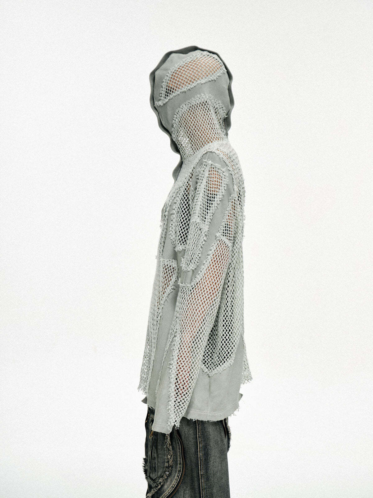 Personsoul Split Mesh Hooded Long Sleeves Top-IYAMIUIO