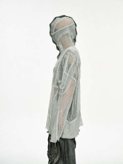 Personsoul Split Mesh Hooded Long Sleeves Top-IYAMIUIO