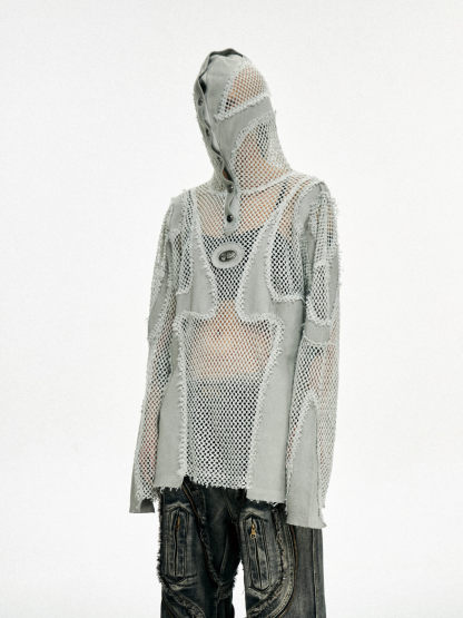 Personsoul Split Mesh Hooded Long Sleeves Top-IYAMIUIO