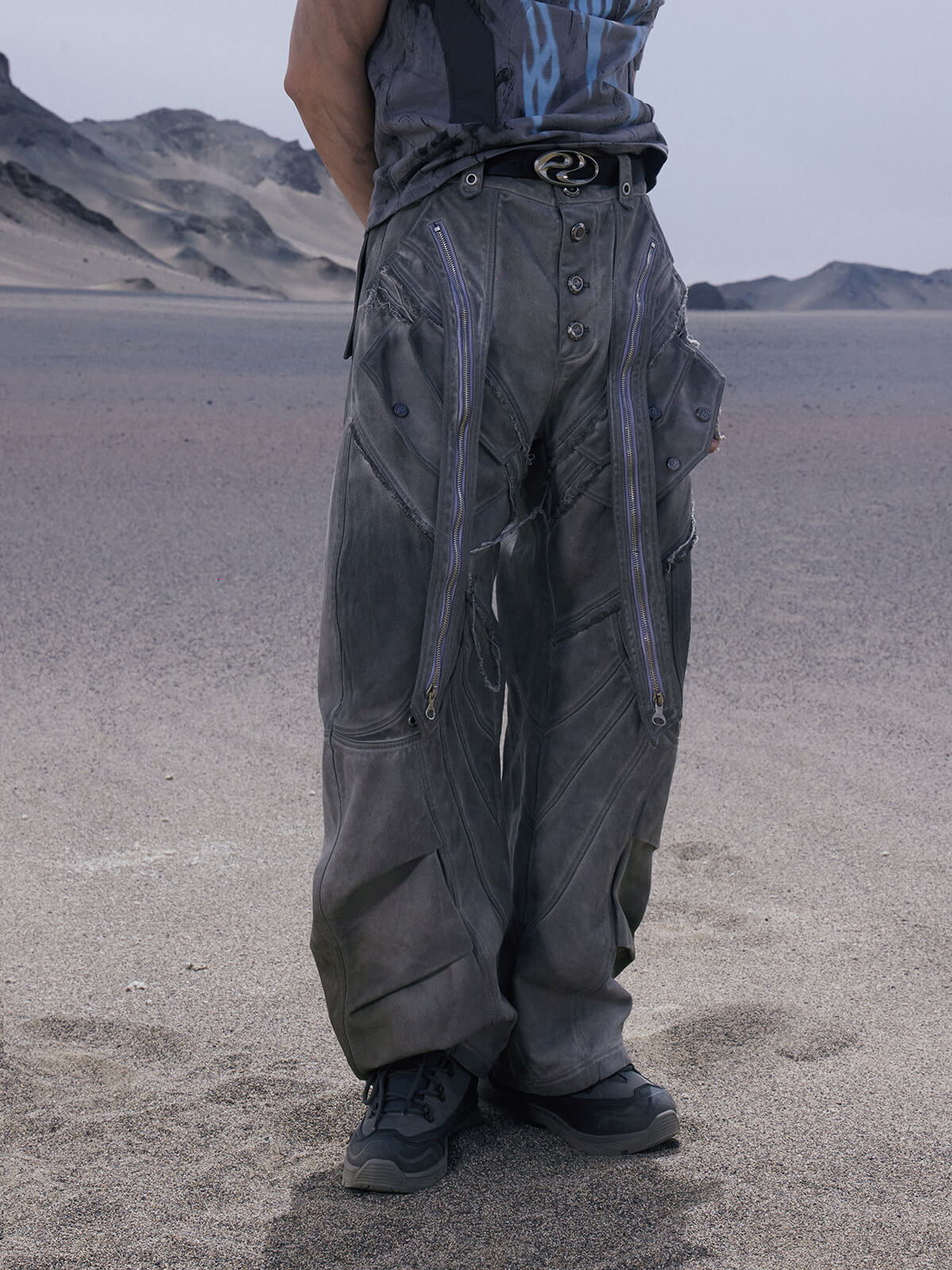 Personsoul Split Deconstructed Gray Cargo Pants-IYAMIUIO