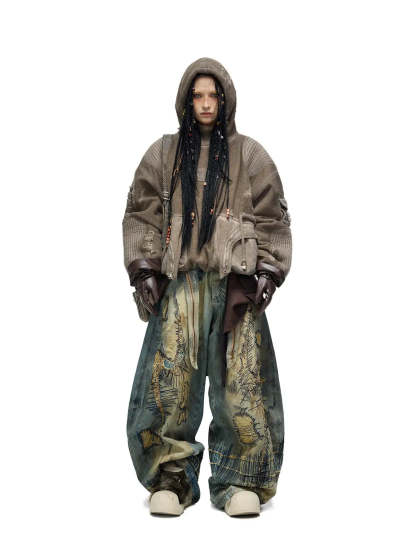 Personsoul Stain Embroidery Scimitar Jeans-IYAMIUIO