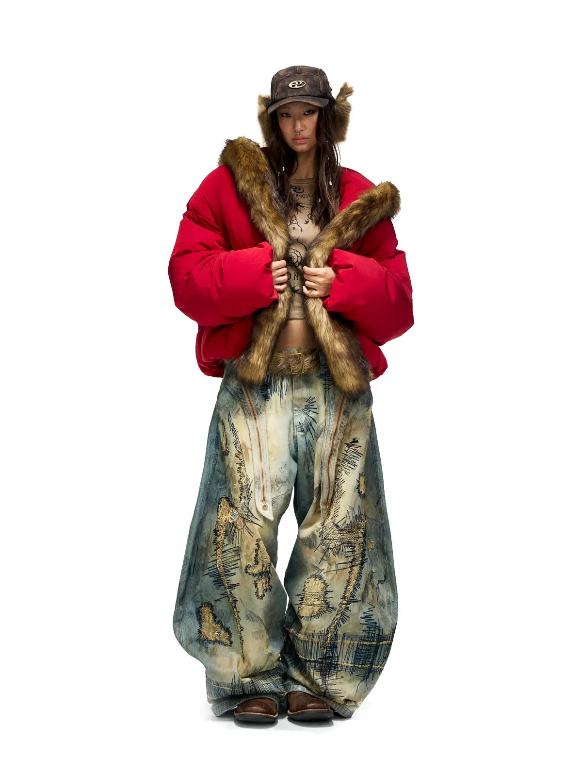 Personsoul Stain Embroidery Scimitar Jeans-IYAMIUIO