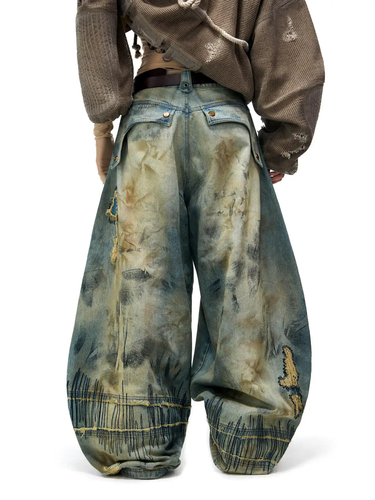 Personsoul Stain Embroidery Scimitar Jeans-IYAMIUIO