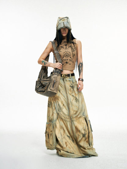 Personsoul Dirty Distressed Apricot Gaucho Pants-IYAMIUIO