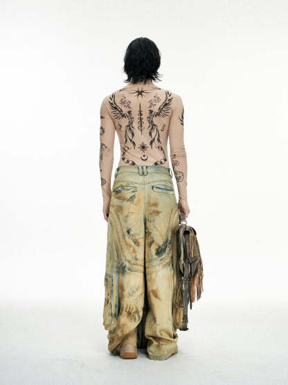 Personsoul Dirty Distressed Apricot Gaucho Pants-IYAMIUIO
