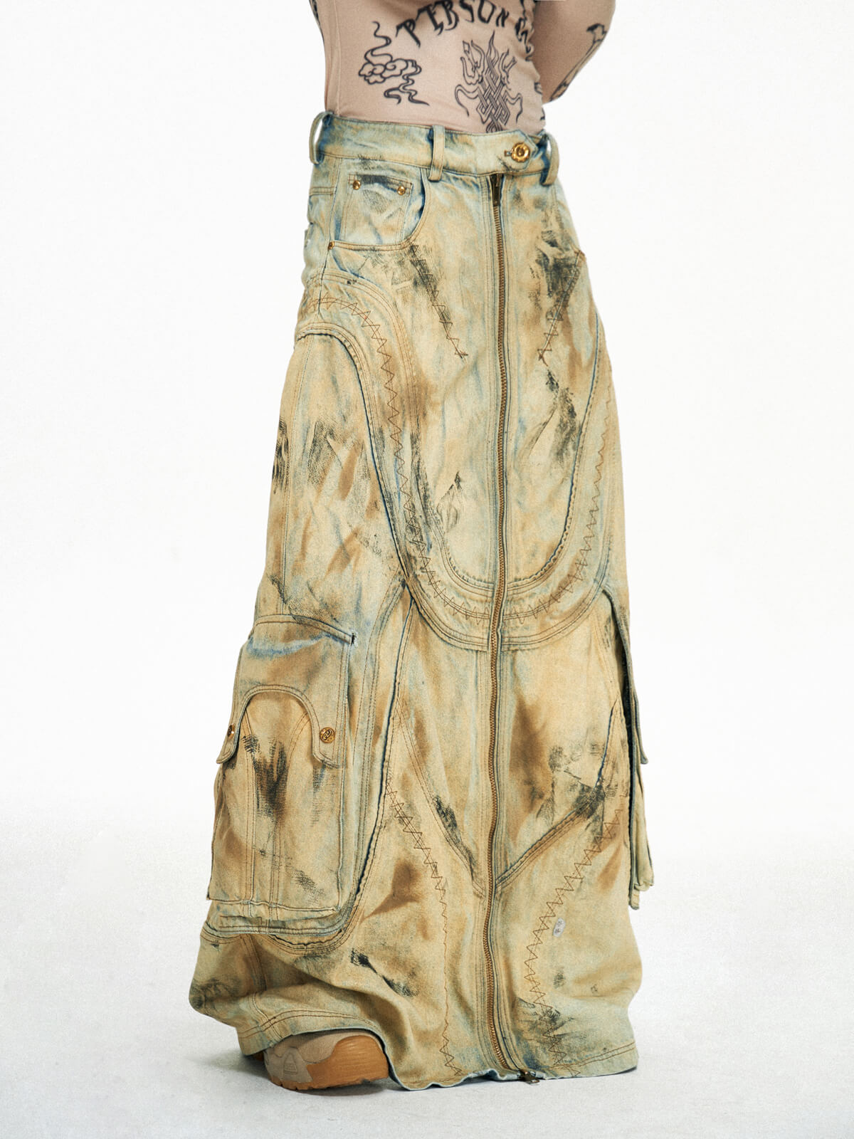 Personsoul Dirty Distressed Apricot Gaucho Pants-IYAMIUIO