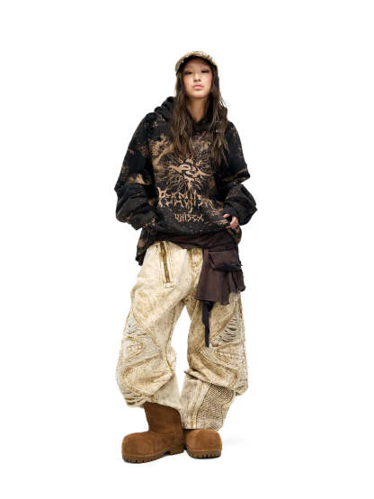 Personsoul Sun Totem Distressed Hoodie-IYAMIUIO