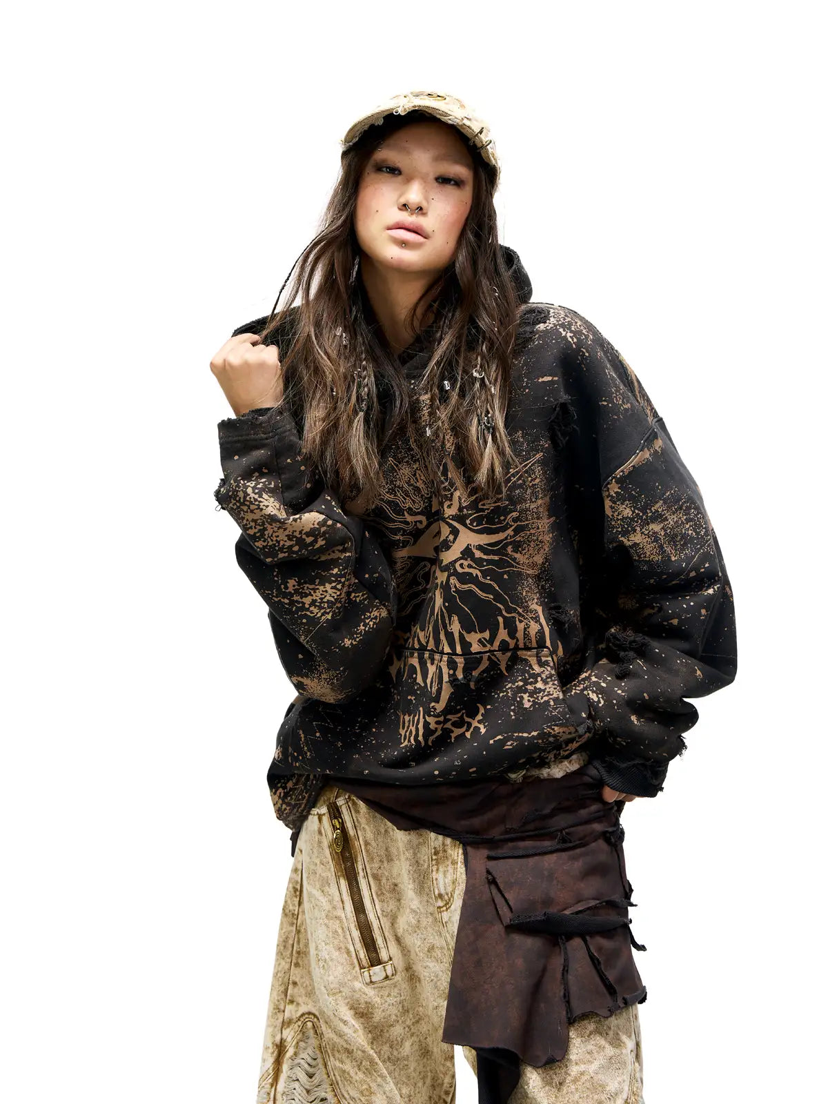 Personsoul Sun Totem Distressed Hoodie-IYAMIUIO