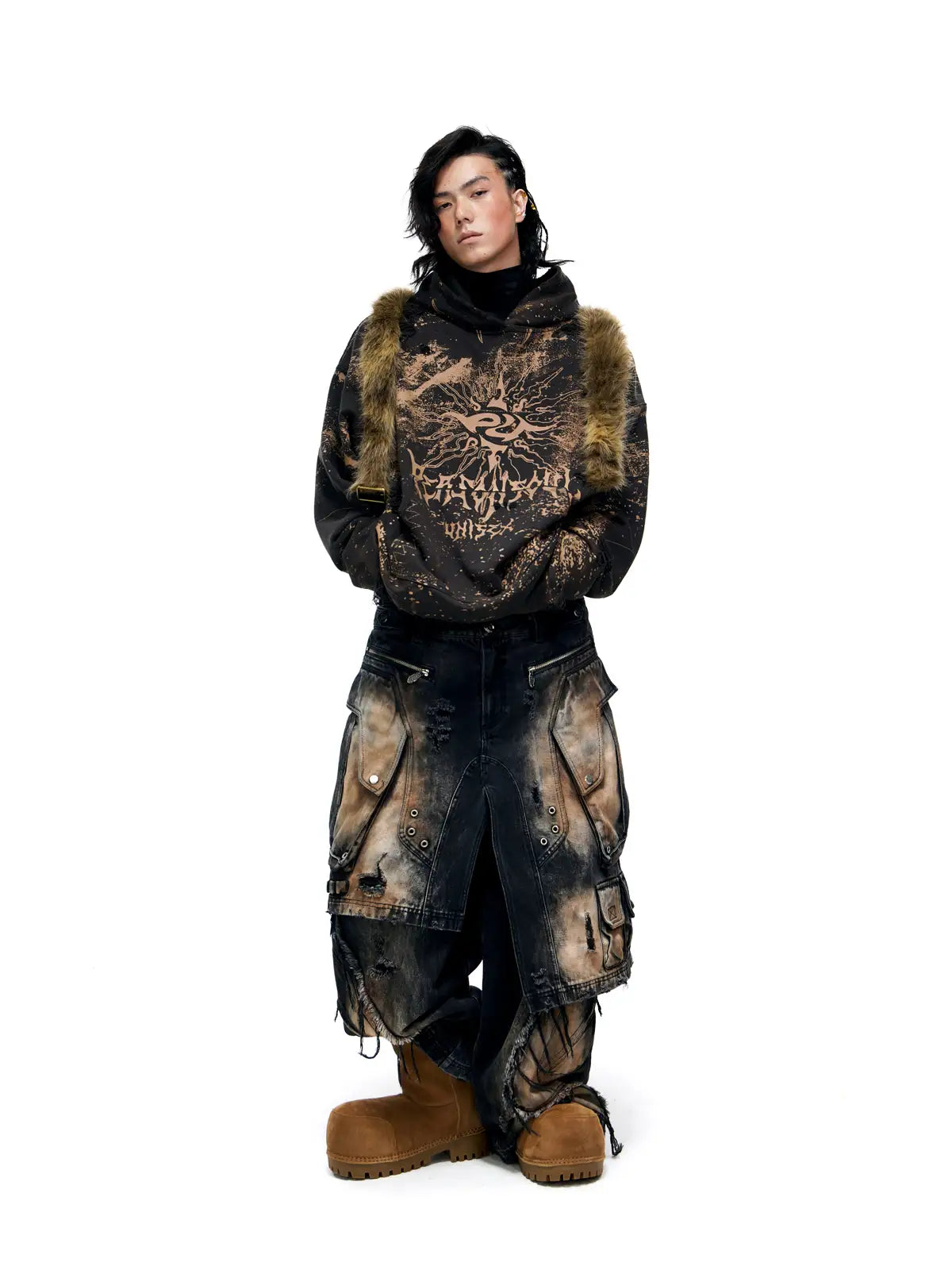 Personsoul Sun Totem Distressed Hoodie-IYAMIUIO