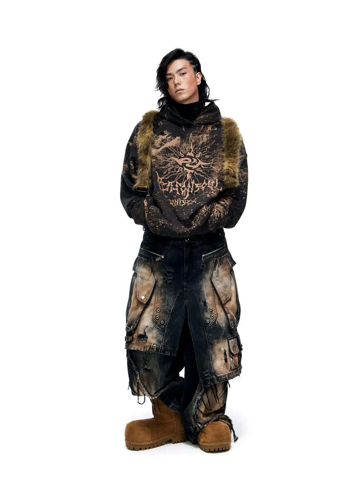 Personsoul Sun Totem Distressed Hoodie-IYAMIUIO