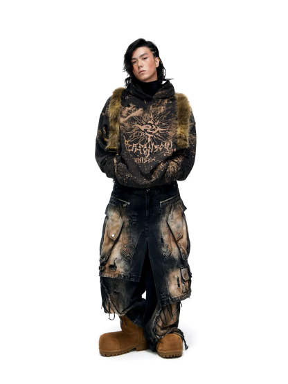 Personsoul Sun Totem Distressed Hoodie-IYAMIUIO
