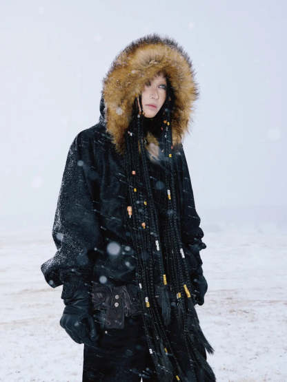 Personsoul Sun Totem Fur Collar Hoodie-IYAMIUIO