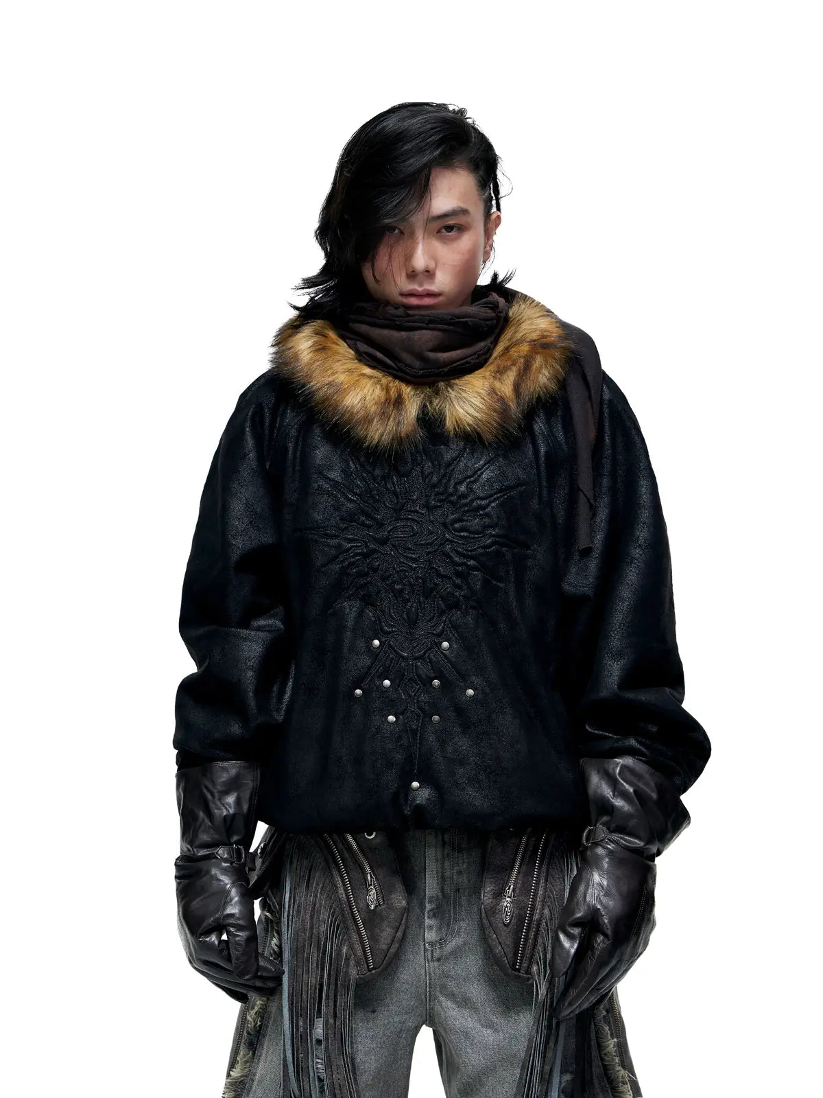 Personsoul Sun Totem Fur Collar Hoodie-IYAMIUIO