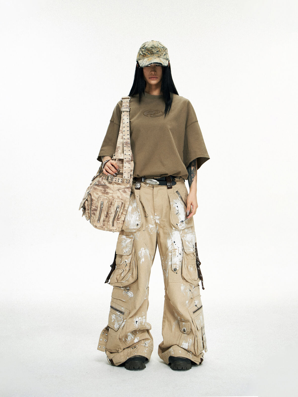 Personsoul Tactical Structure Paint Stains Cargo Pants-IYAMIUIO