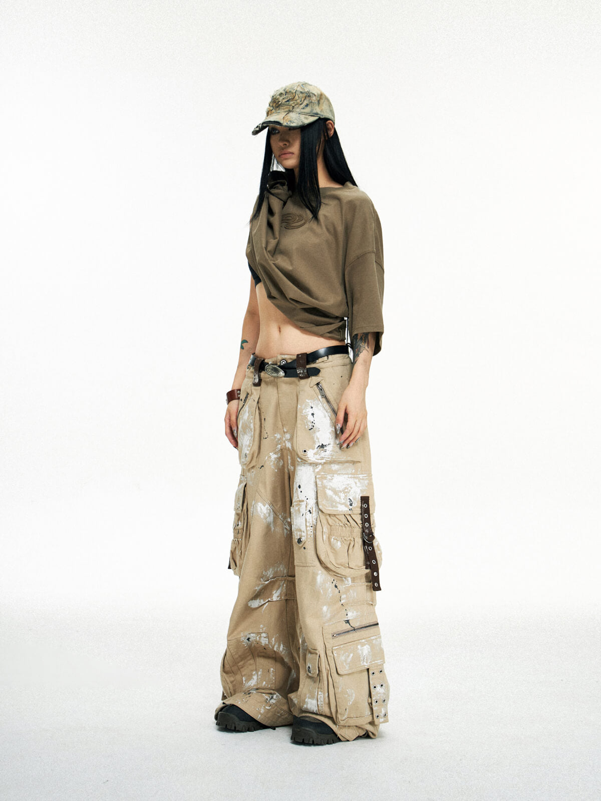 Personsoul Tactical Structure Paint Stains Cargo Pants-IYAMIUIO