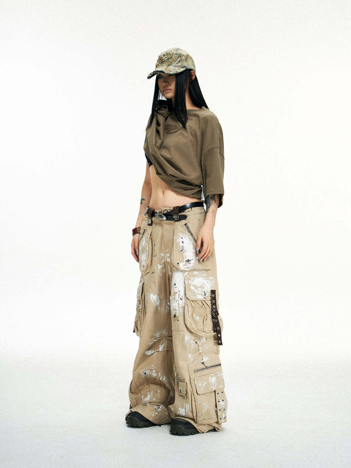 Personsoul Tactical Structure Paint Stains Cargo Pants-IYAMIUIO