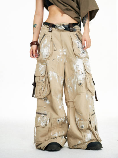 Personsoul Tactical Structure Paint Stains Cargo Pants-IYAMIUIO