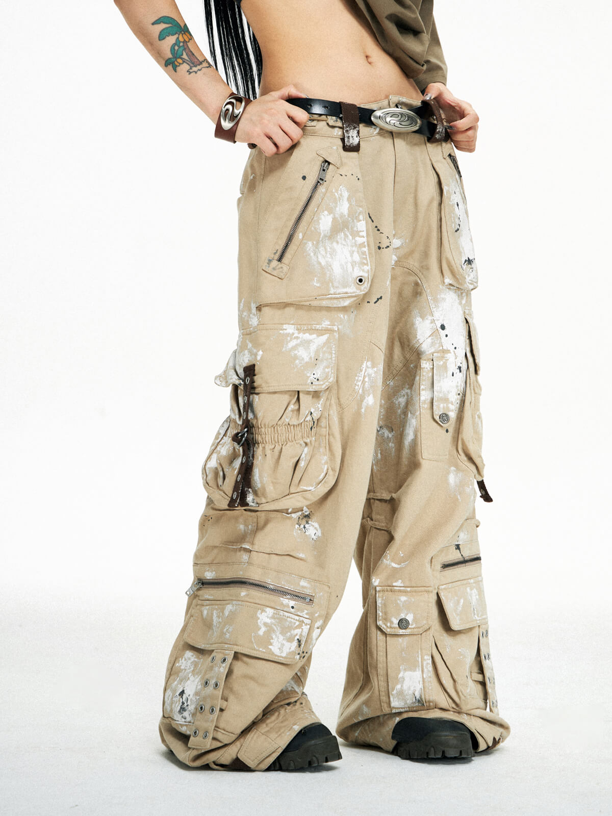 Personsoul Tactical Structure Paint Stains Cargo Pants-IYAMIUIO