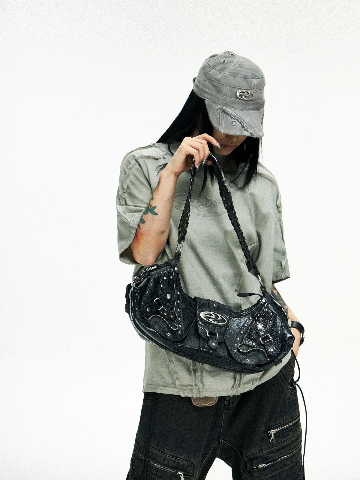 Personsoul Techwear Metal Leather Shoulder Bag-IYAMIUIO