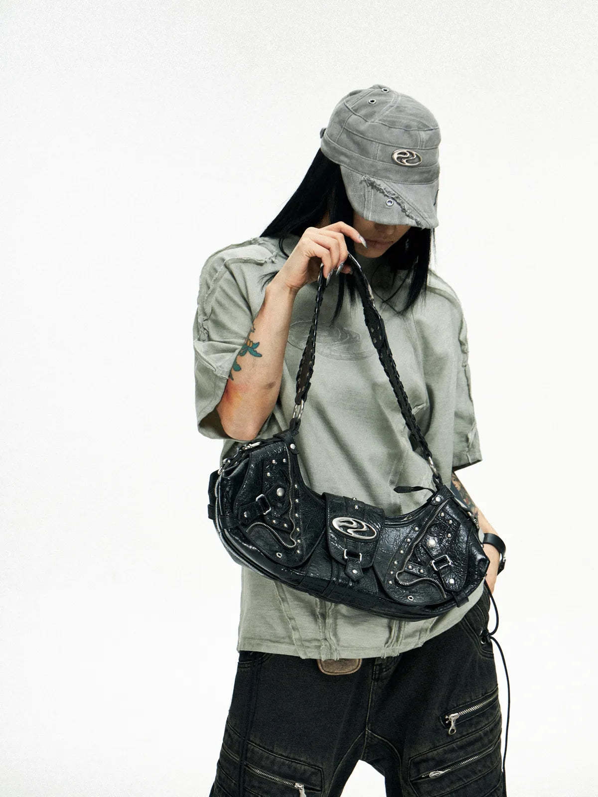 Personsoul Techwear Metal Leather Shoulder Bag-IYAMIUIO