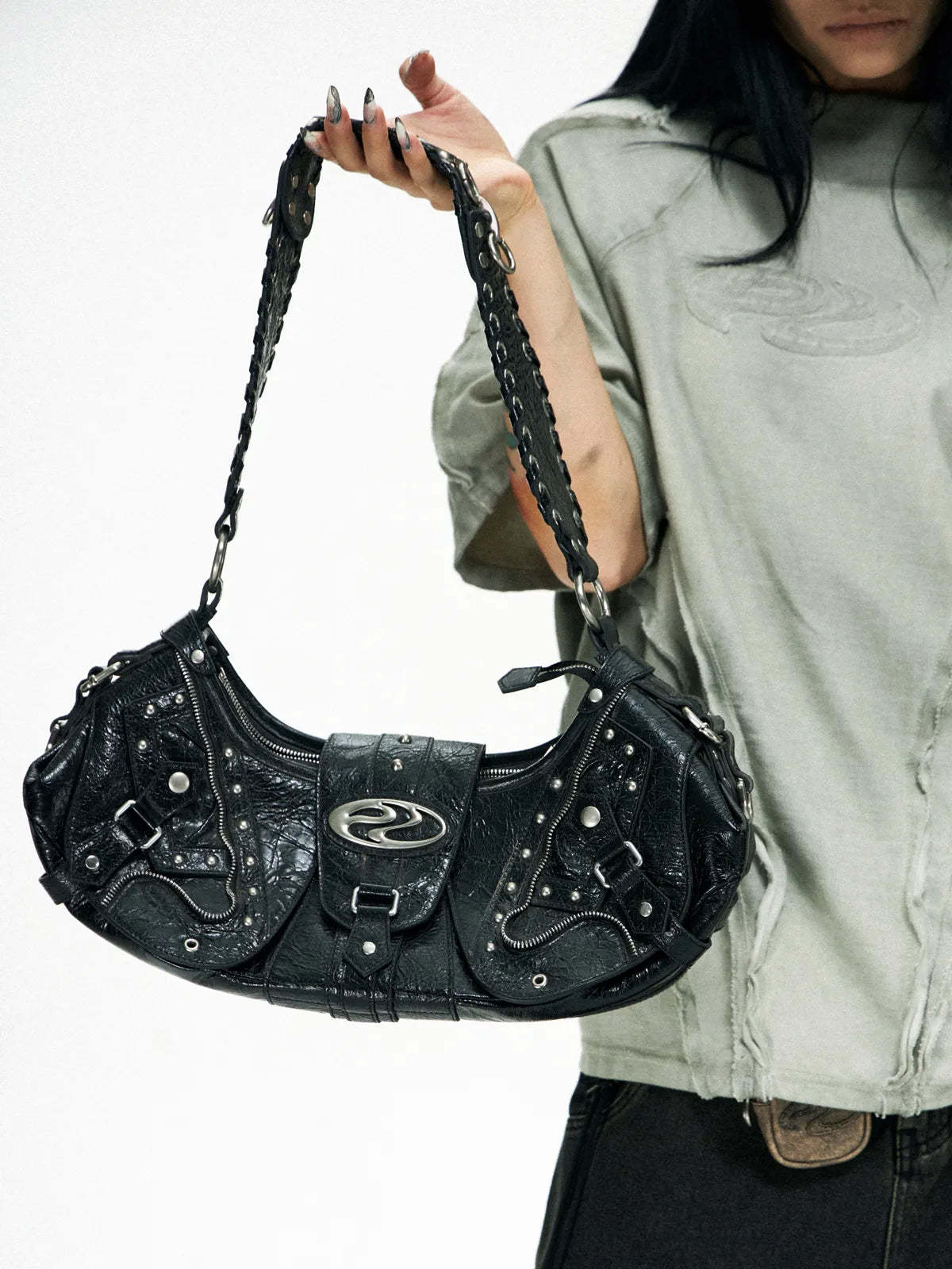 Personsoul Techwear Metal Leather Shoulder Bag-IYAMIUIO