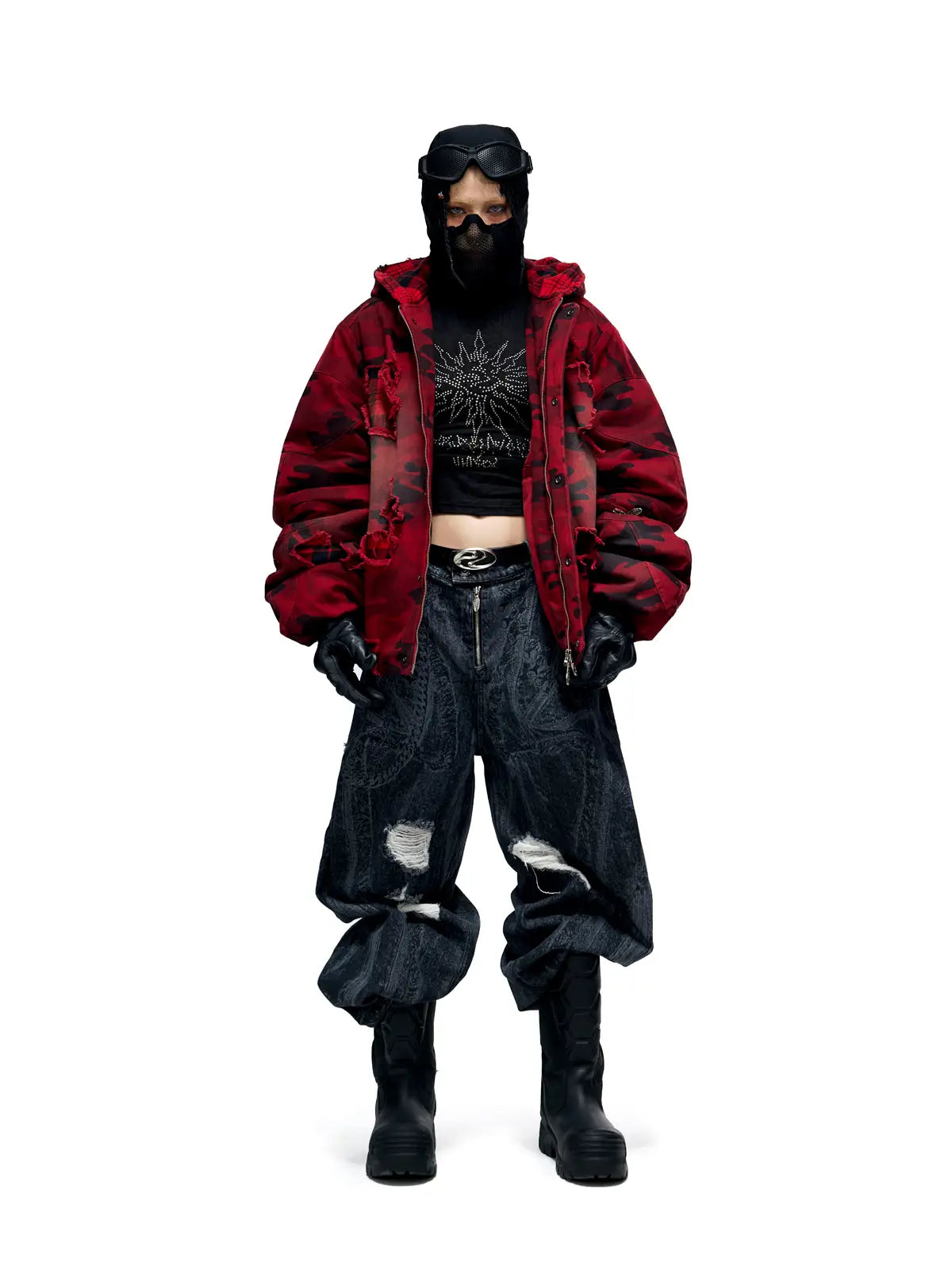 Personsoul Textured Black Print Ripped Jeans-IYAMIUIO