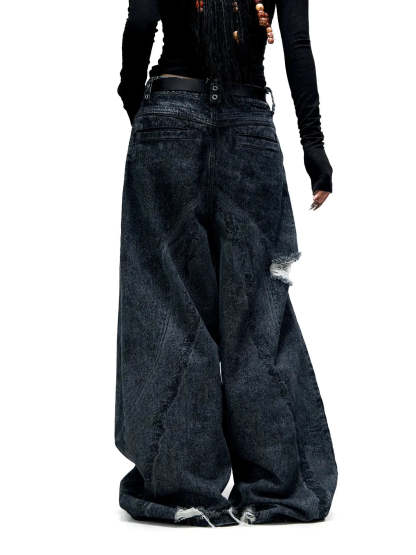 Personsoul Textured Black Print Ripped Jeans-IYAMIUIO