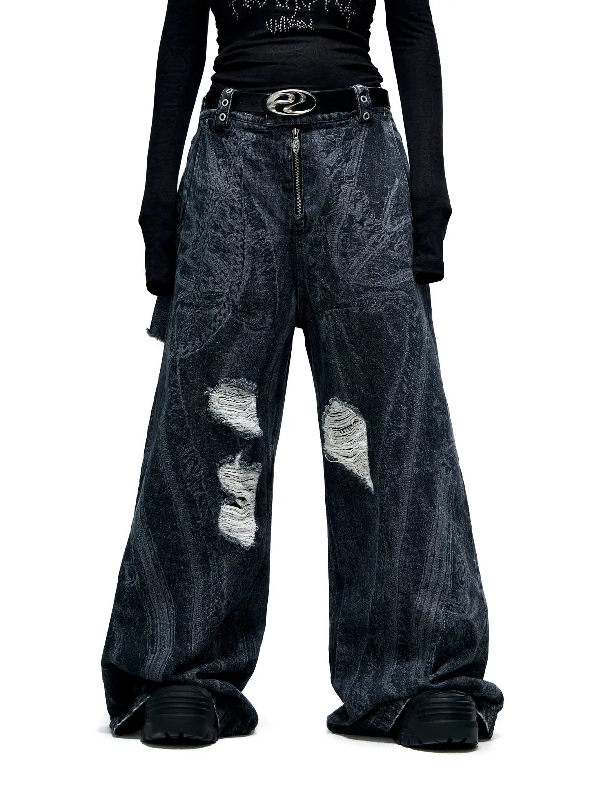 Personsoul Textured Black Print Ripped Jeans-IYAMIUIO