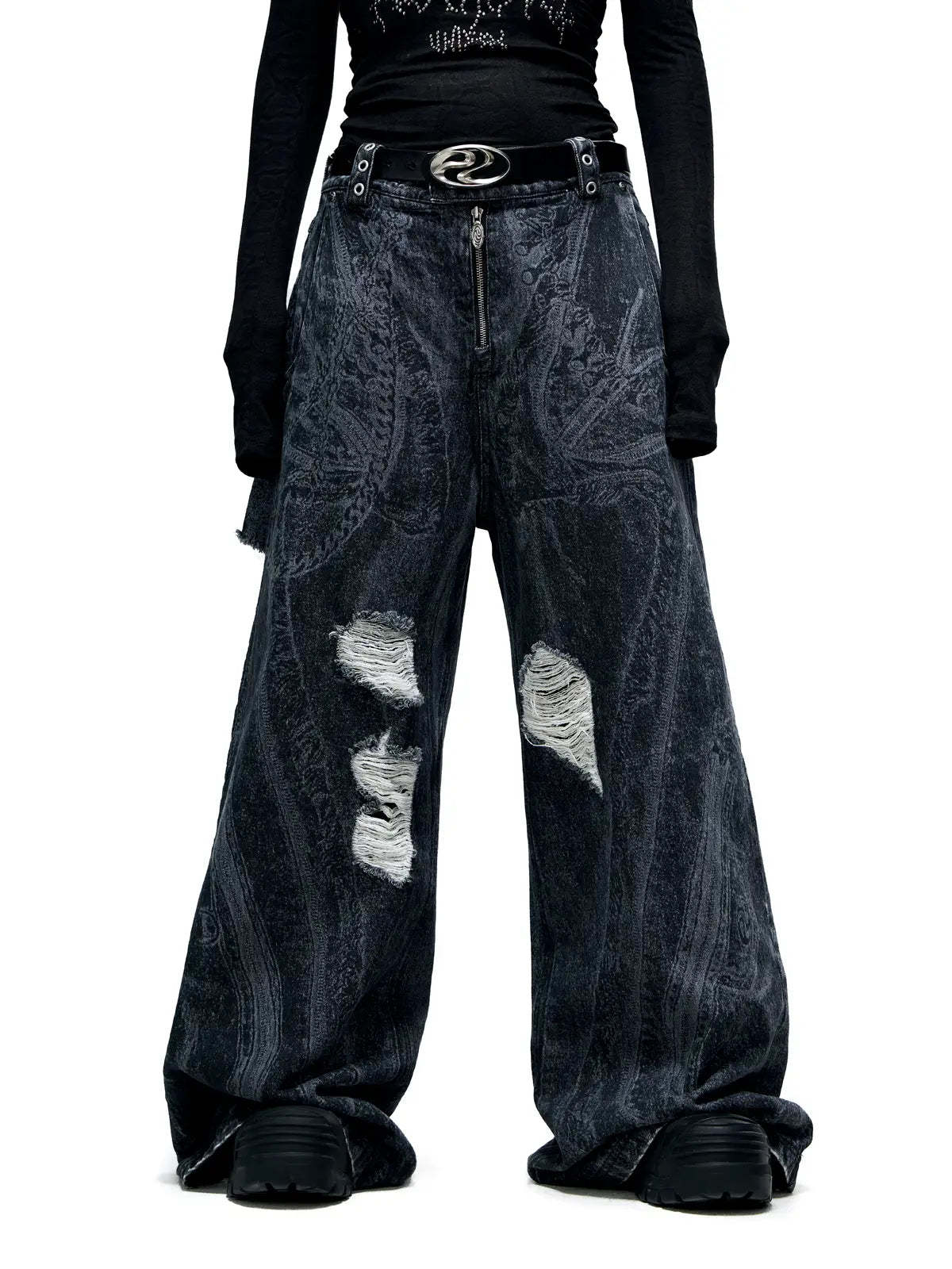 Personsoul Textured Black Print Ripped Jeans-IYAMIUIO