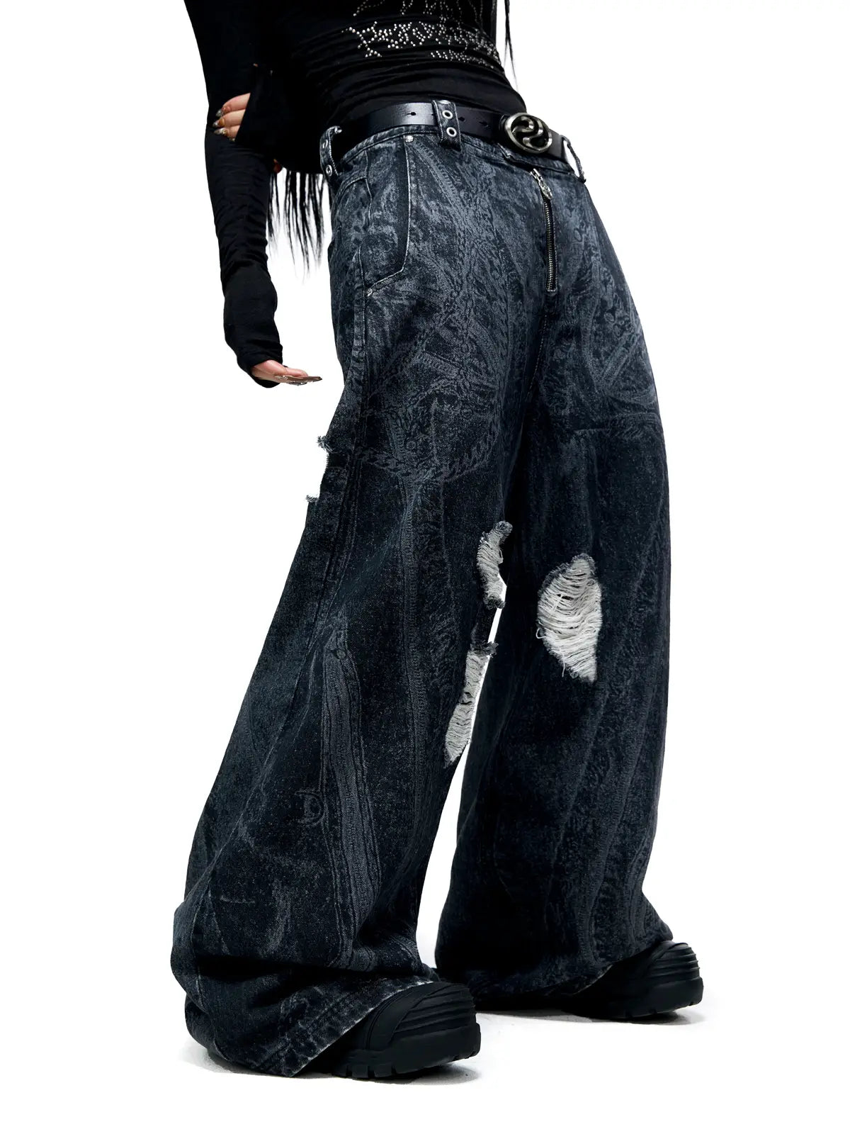 Personsoul Textured Black Print Ripped Jeans-IYAMIUIO