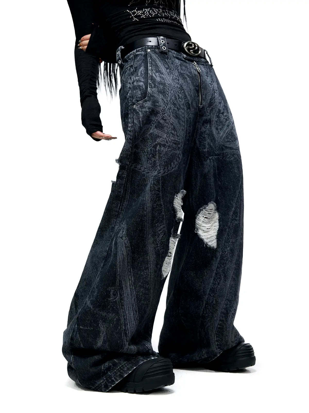 Personsoul Textured Black Print Ripped Jeans-IYAMIUIO