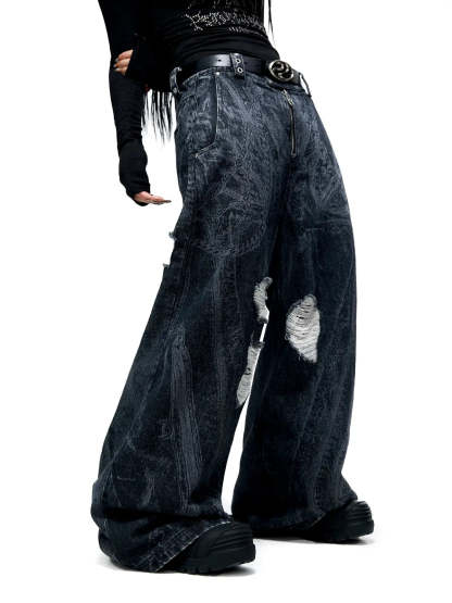 Personsoul Textured Black Print Ripped Jeans-IYAMIUIO