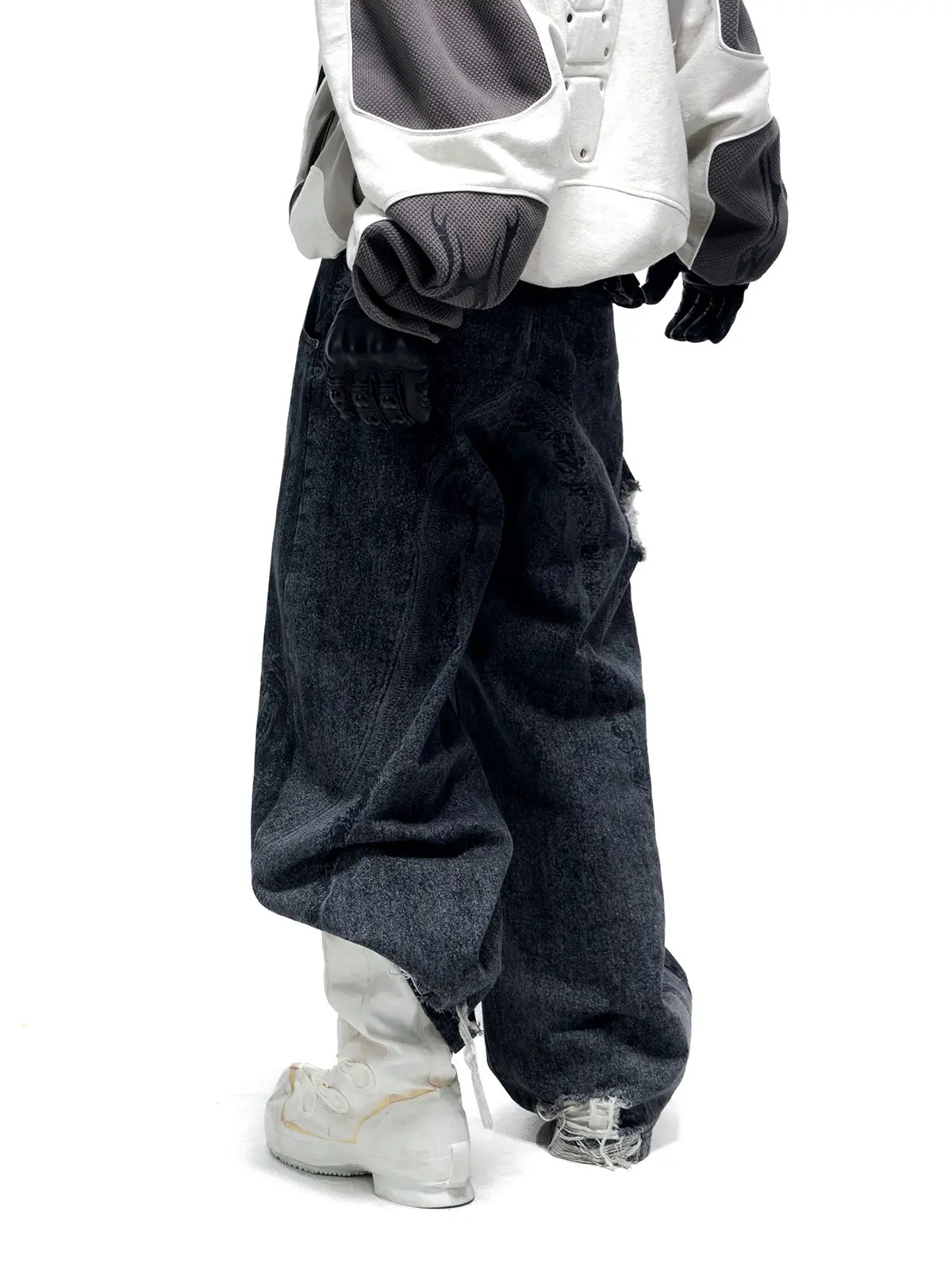 Personsoul Textured Black Print Ripped Jeans-IYAMIUIO