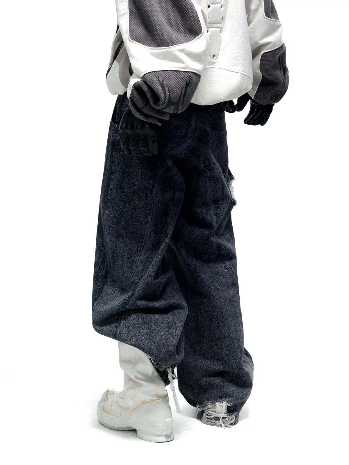 Personsoul Textured Black Print Ripped Jeans-IYAMIUIO