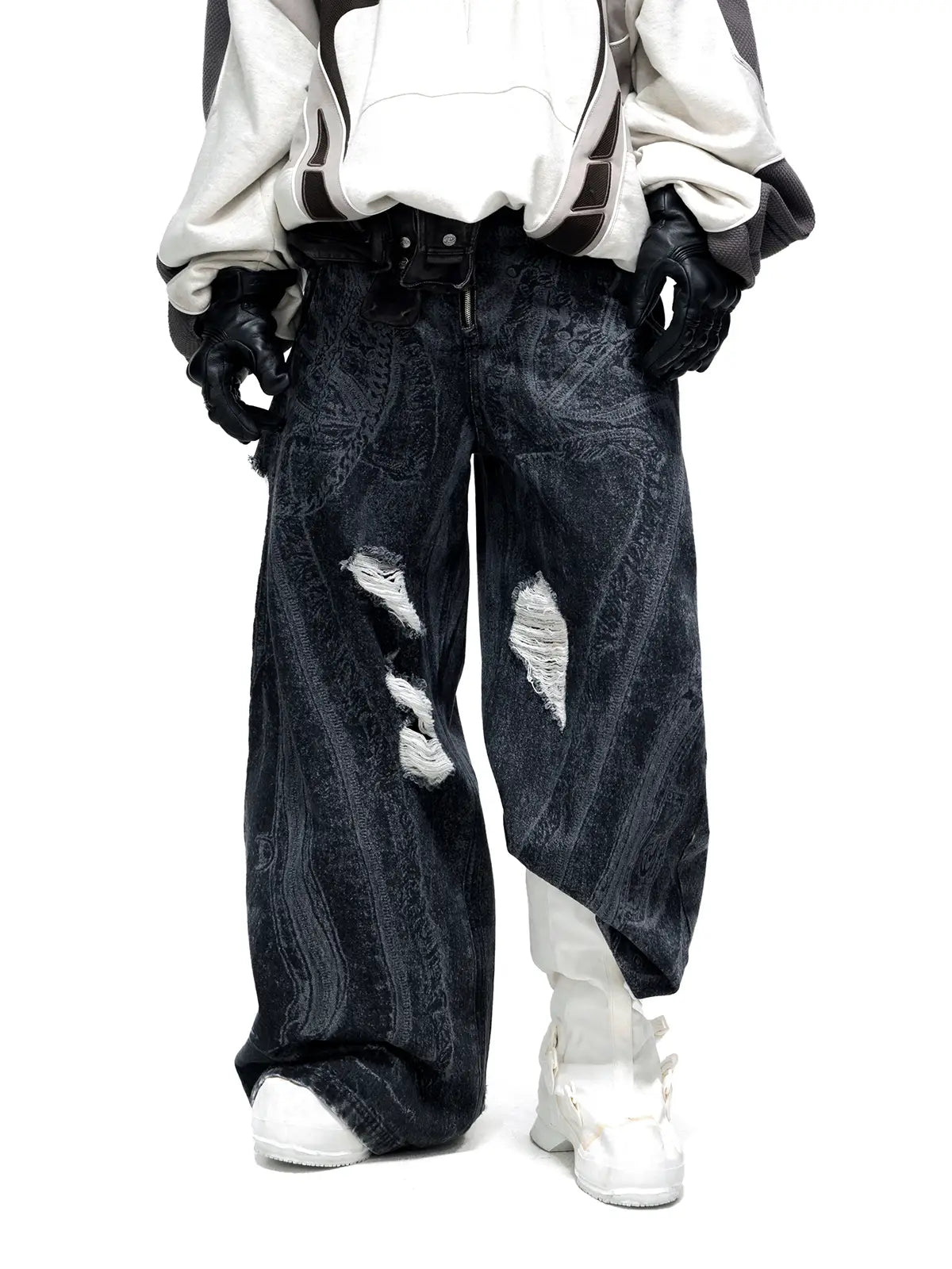 Personsoul Textured Black Print Ripped Jeans-IYAMIUIO