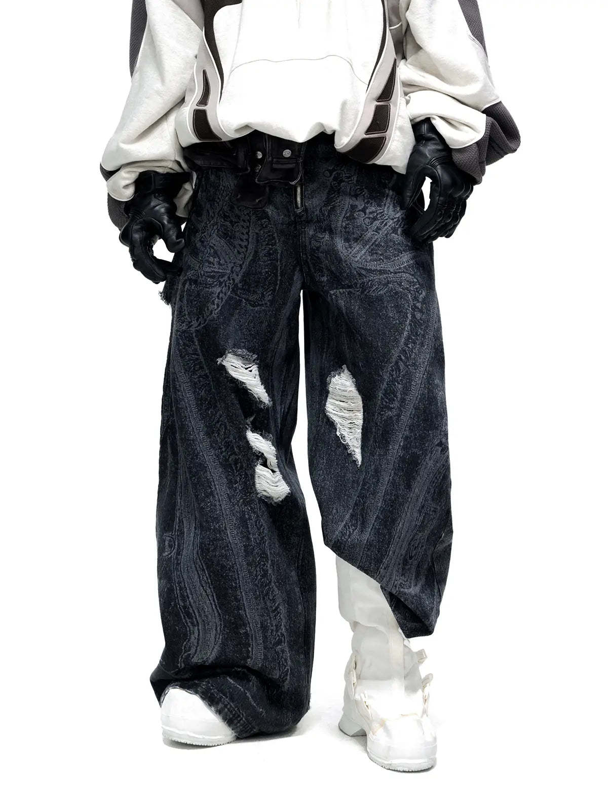 Personsoul Textured Black Print Ripped Jeans-IYAMIUIO