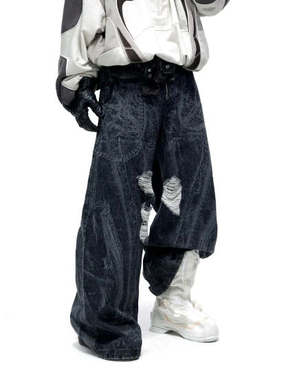 Personsoul Textured Black Print Ripped Jeans-IYAMIUIO