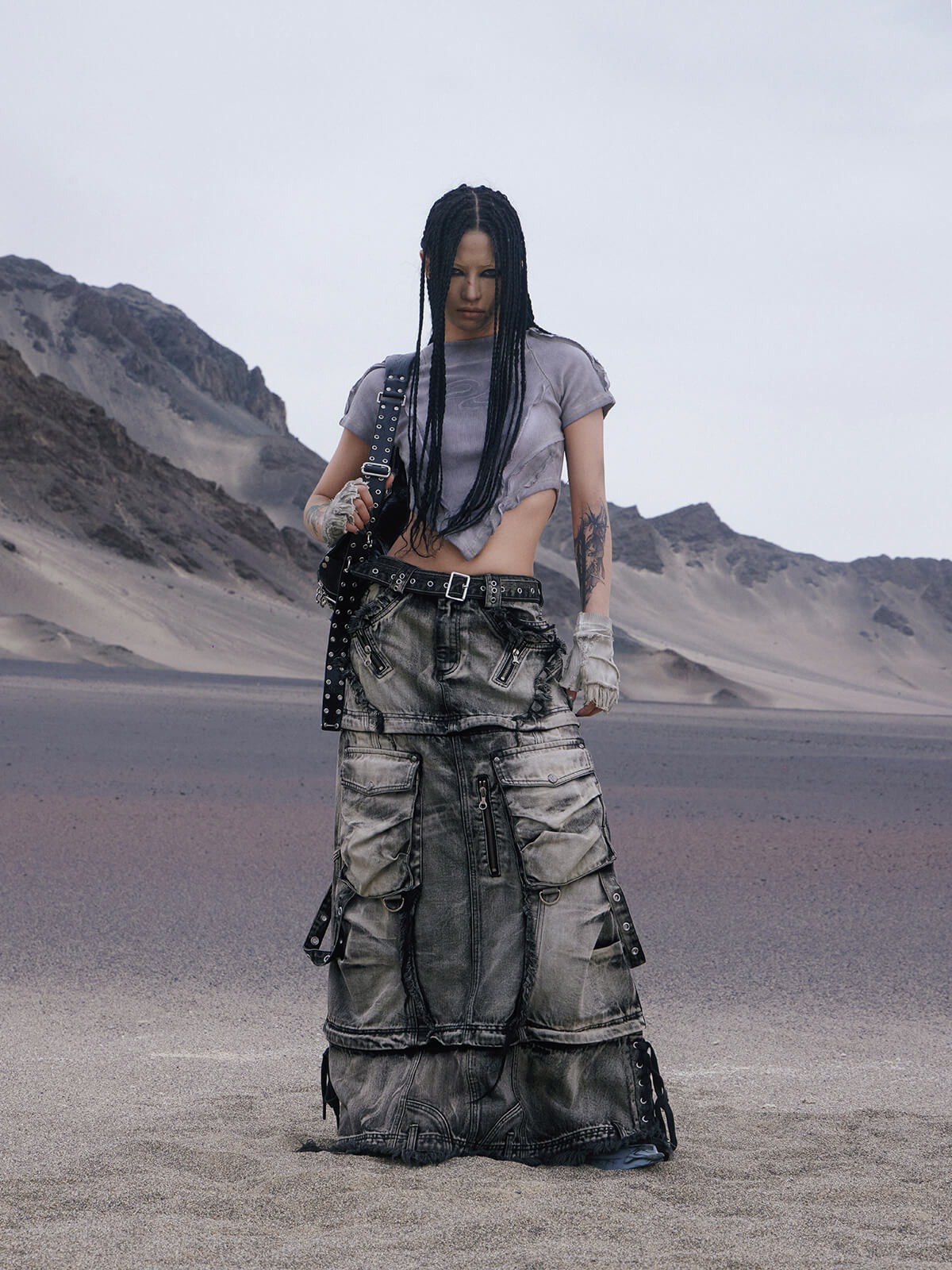 Personsoul Three-Stage Faded Maxi Denim Skirt-IYAMIUIO