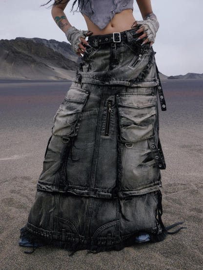 Personsoul Three-Stage Faded Maxi Denim Skirt-IYAMIUIO