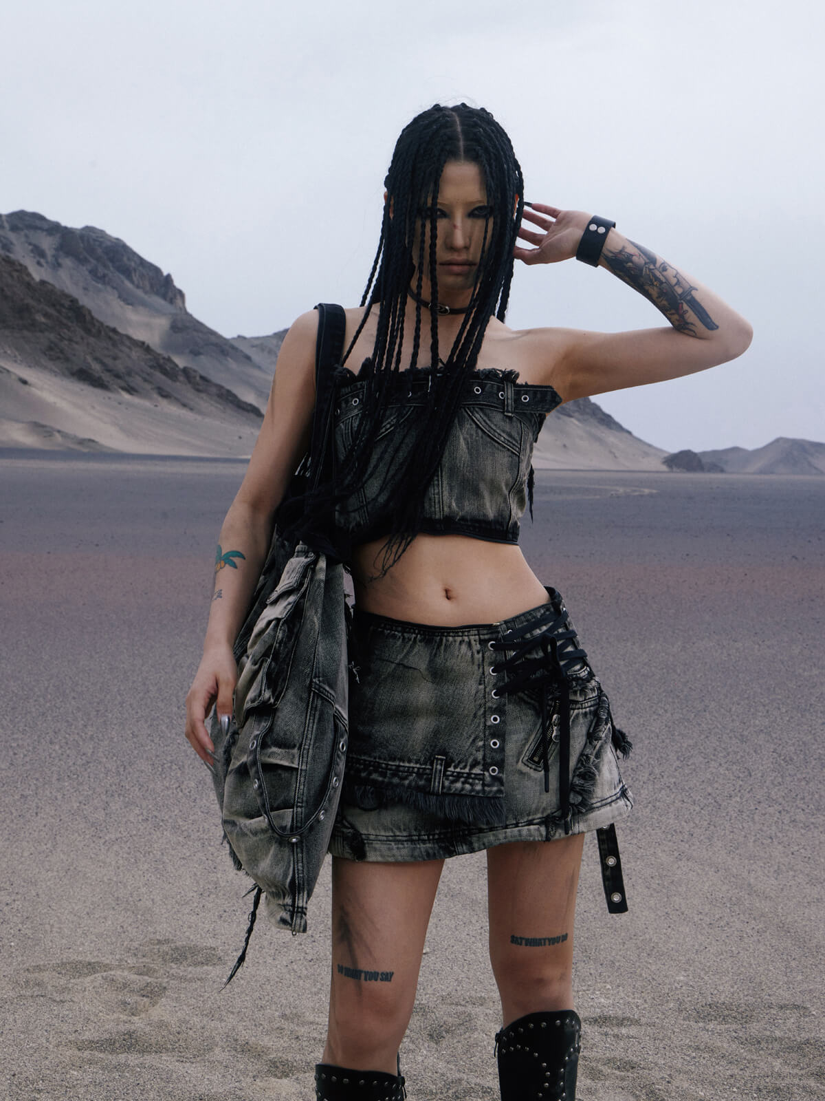 Personsoul Three-Stage Faded Maxi Denim Skirt-IYAMIUIO