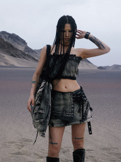 Personsoul Three-Stage Faded Maxi Denim Skirt-IYAMIUIO