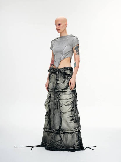 Personsoul Three-Stage Faded Maxi Denim Skirt-IYAMIUIO