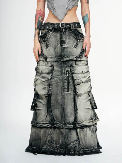Personsoul Three-Stage Faded Maxi Denim Skirt-IYAMIUIO